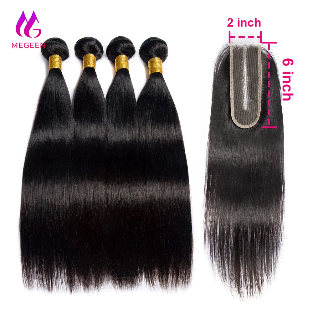 Megeen NEW 2X6 Transparent Real Hd Lace Closure With Bundles Human Hair Straight Brazilian 3/4 Extensions And Lace Closure SewIn