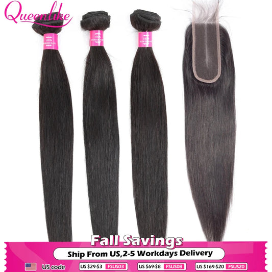 Queenlike 30inch Straight Human Hair Bundles With Closure Brazilian Raw Hair Weave Bundles With 2x6 Deep Kim Closure and Bundles