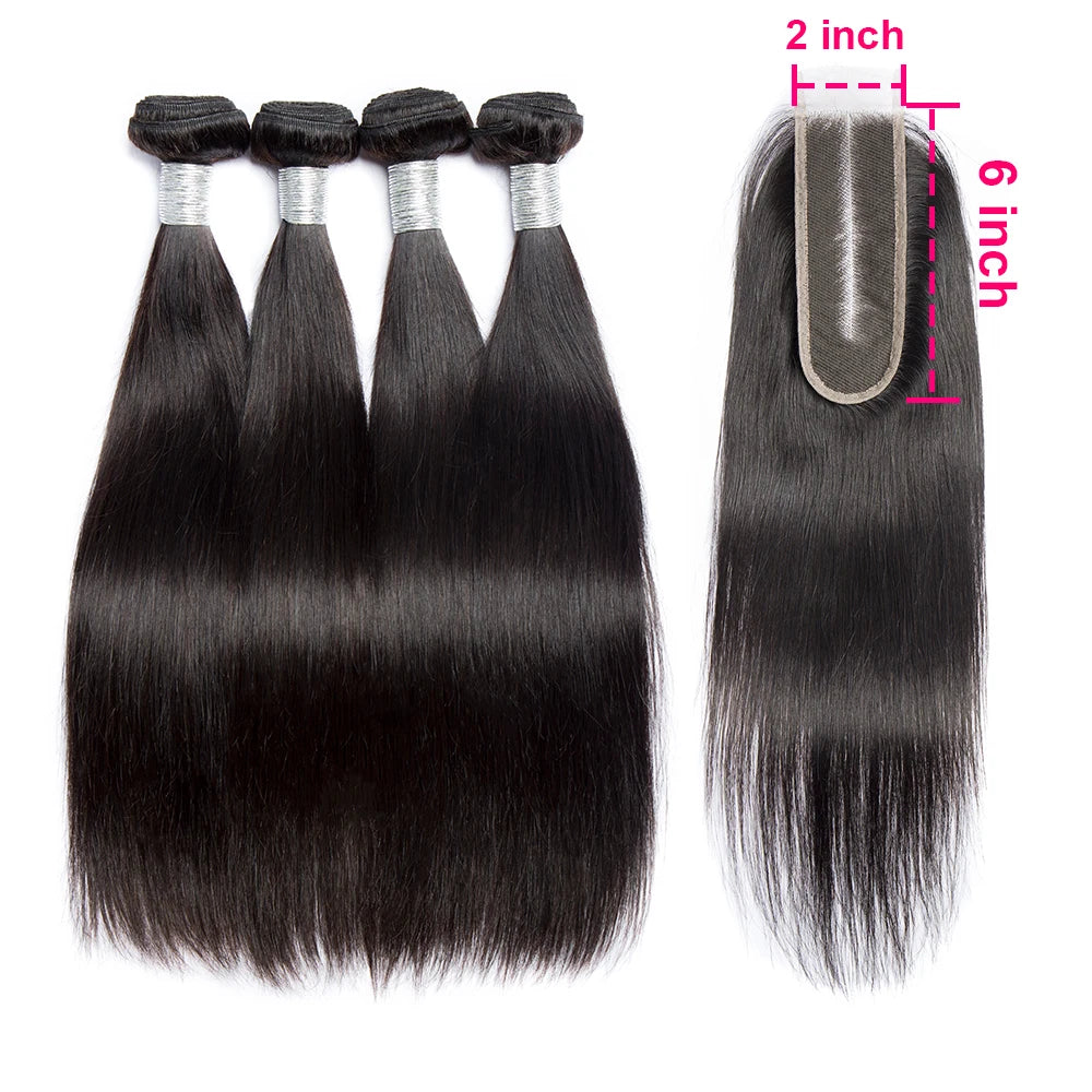 Megeen NEW 2X6 Transparent Real Hd Lace Closure With Bundles Human Hair Straight Brazilian 3/4 Extensions And Lace Closure SewIn