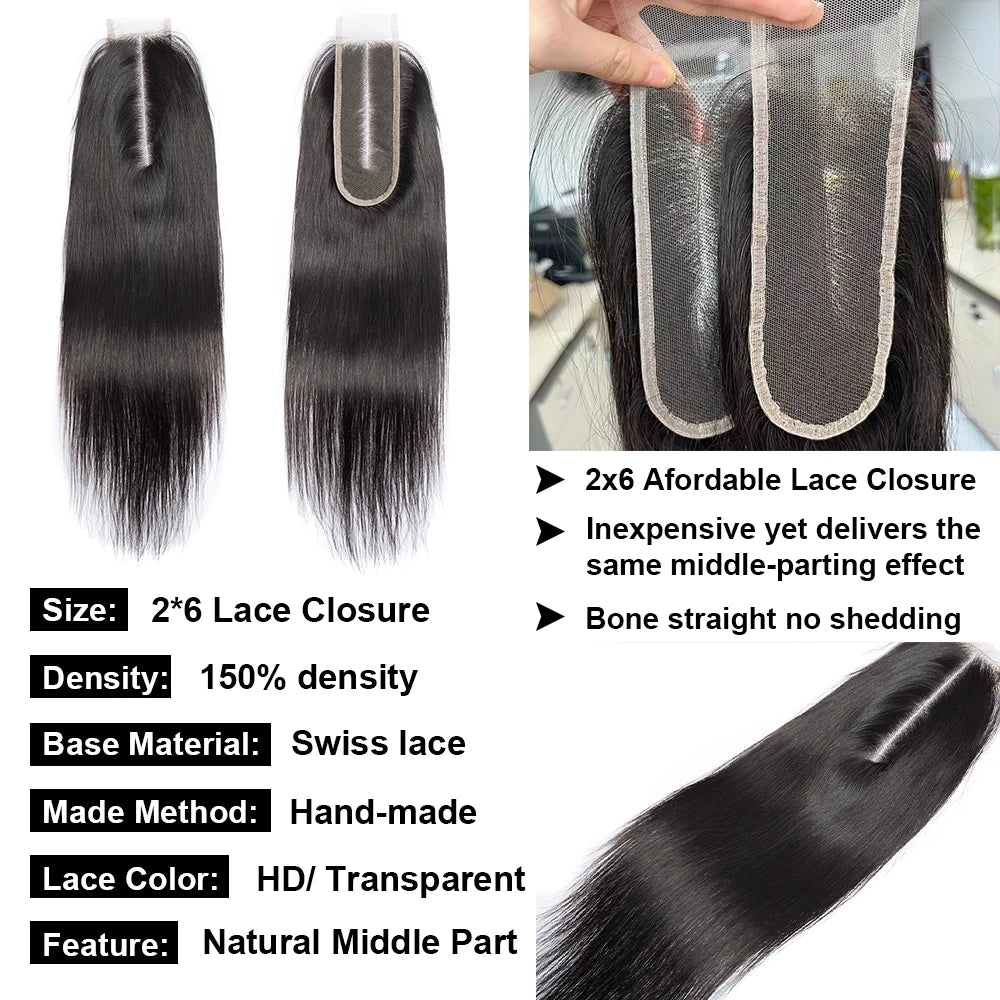 Megeen NEW 2X6 Transparent Real Hd Lace Closure With Bundles Human Hair Straight Brazilian 3/4 Extensions And Lace Closure SewIn